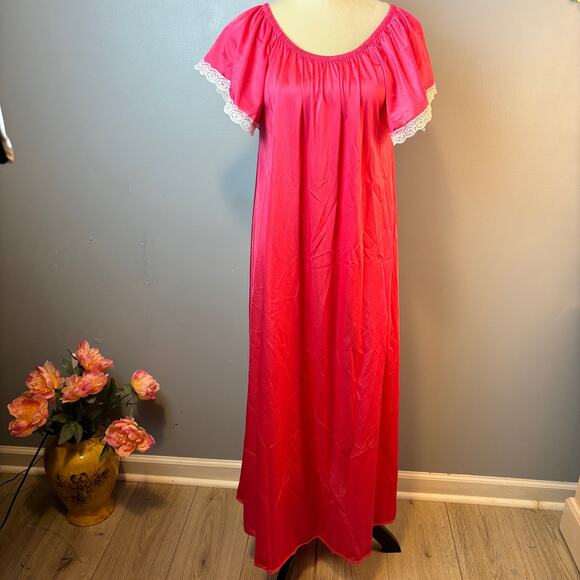 Vintage Hot Pink Nightgown Especially You Short Sleeve w/ Lace Slip Dress Rare - Picture 1 of 8